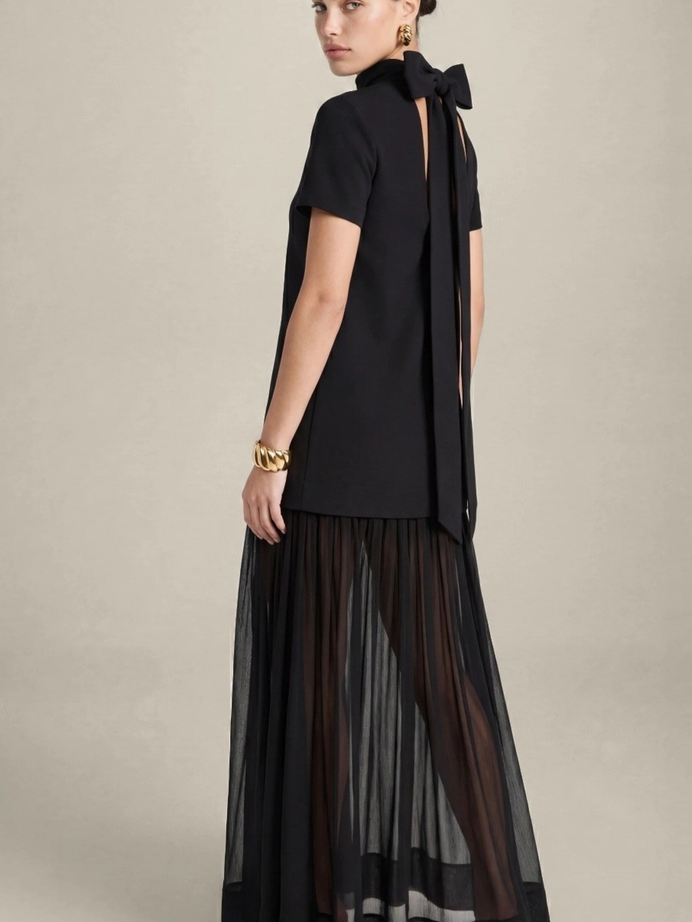 Few Moda O.P.T. Sleek Black Maxi Dress with Pleated Sheer Skirt
